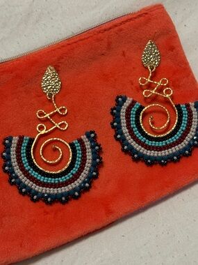 Gold Spiral Beaded Fringe Earrings in Turquoise, Navy & White